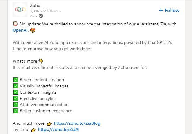 Zoho linkedin post