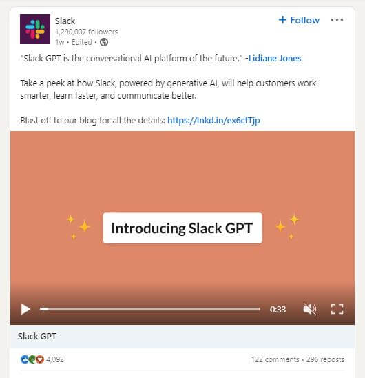 Slack GPT LinkedIn announcement