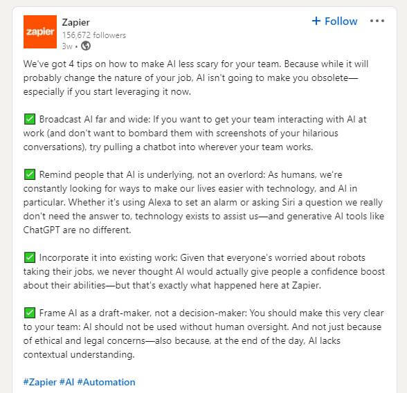 Zapier linkedin post