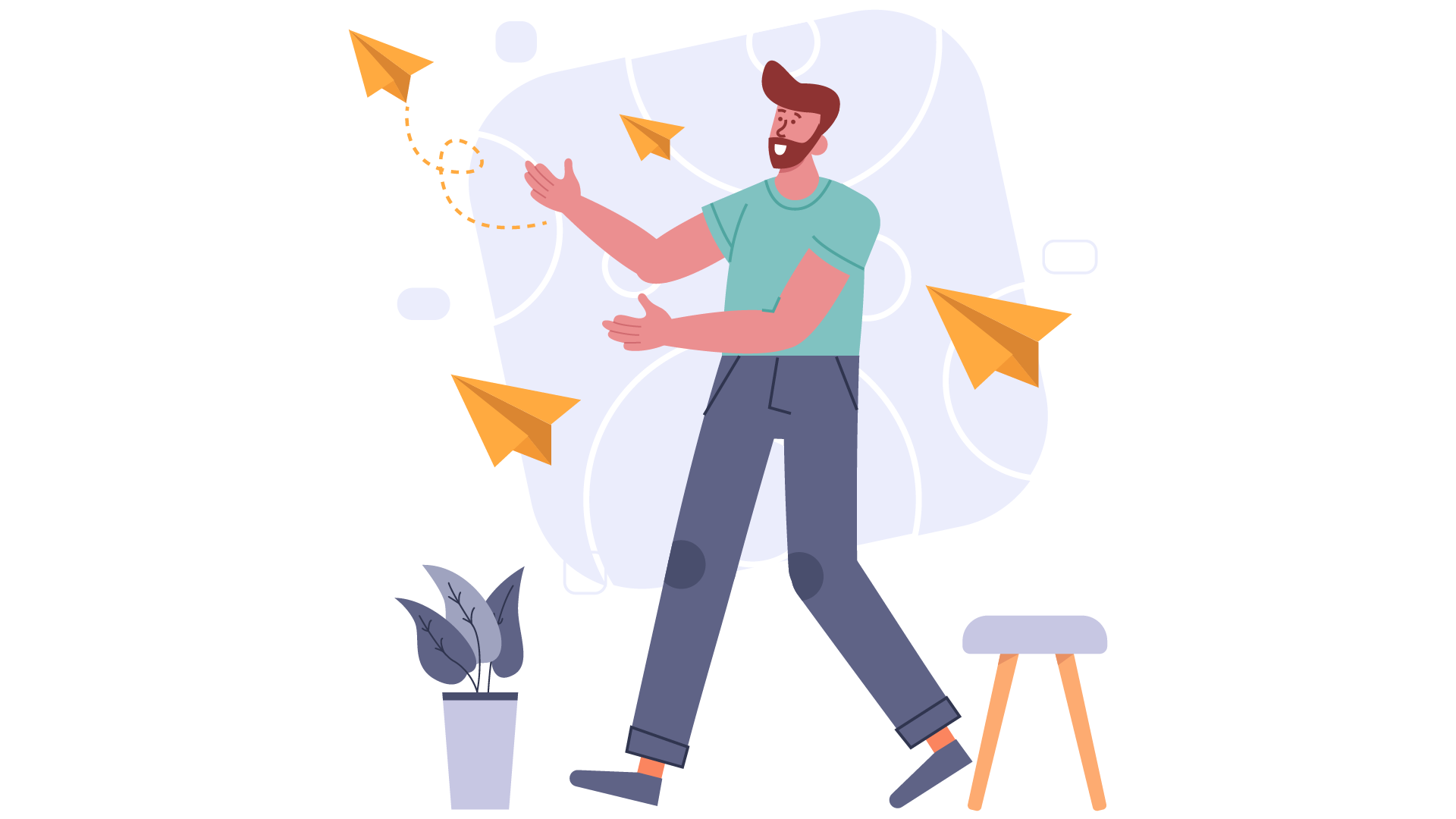 Graphic of a person standing next to paper airplanes