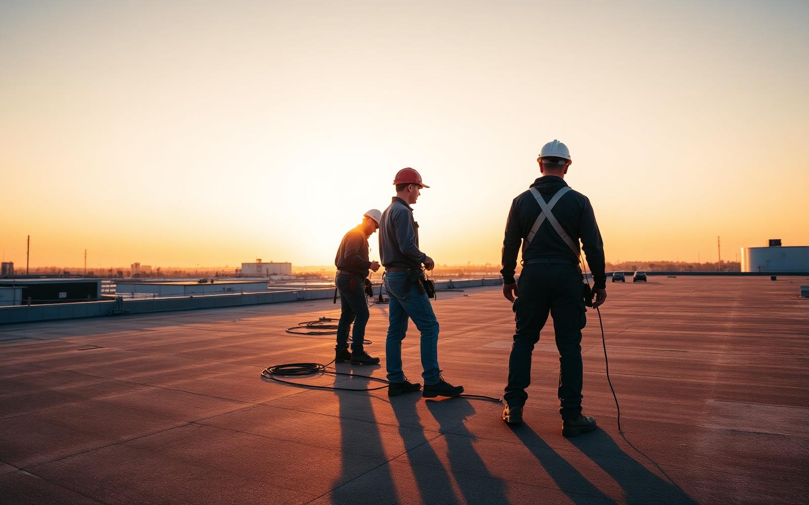 Commercial roofing crew working on a flat rooftop at sunset