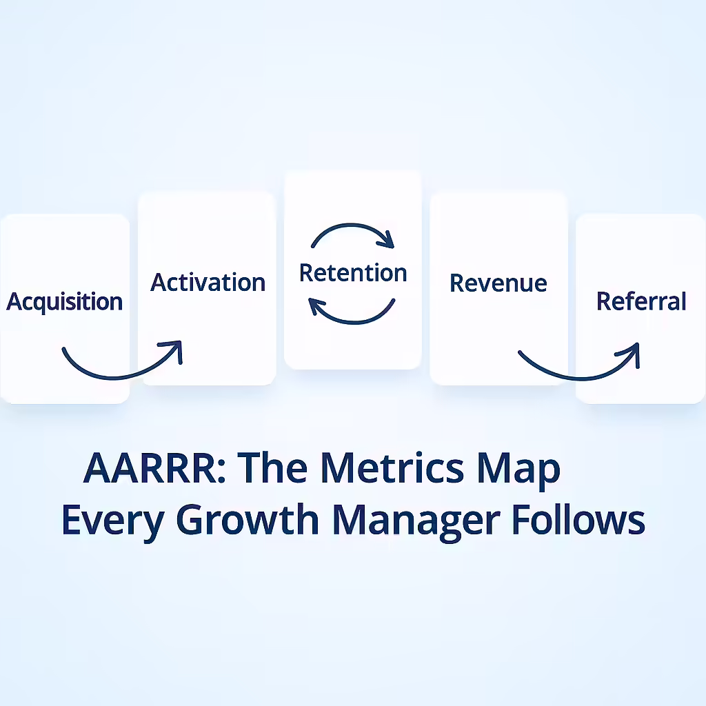 A diagram showing the AARRR framework: Acquisition, Activation, Retention, Revenue, Referral.