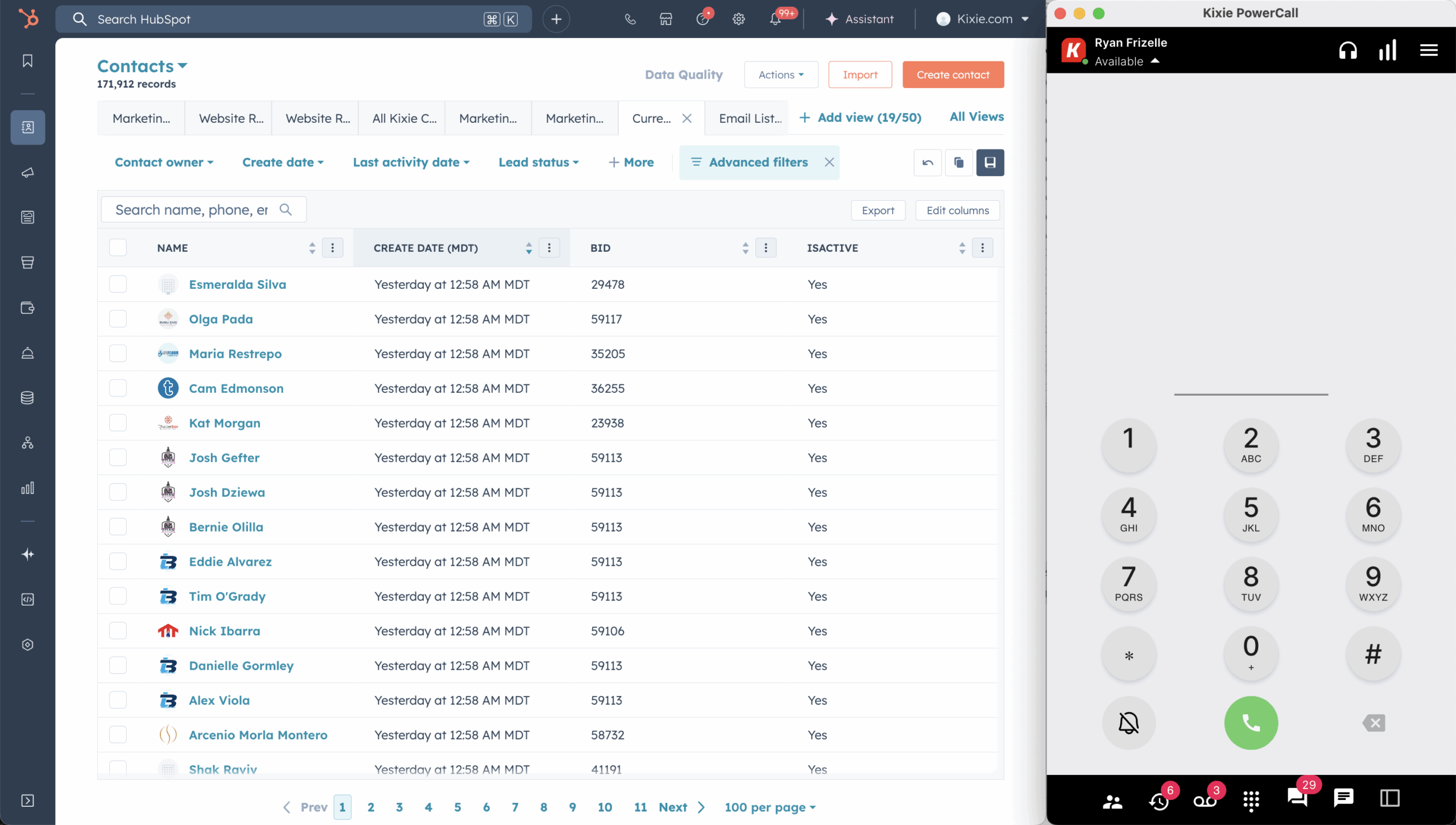 Dashboard showing Kixie integrated with HubSpot CRM