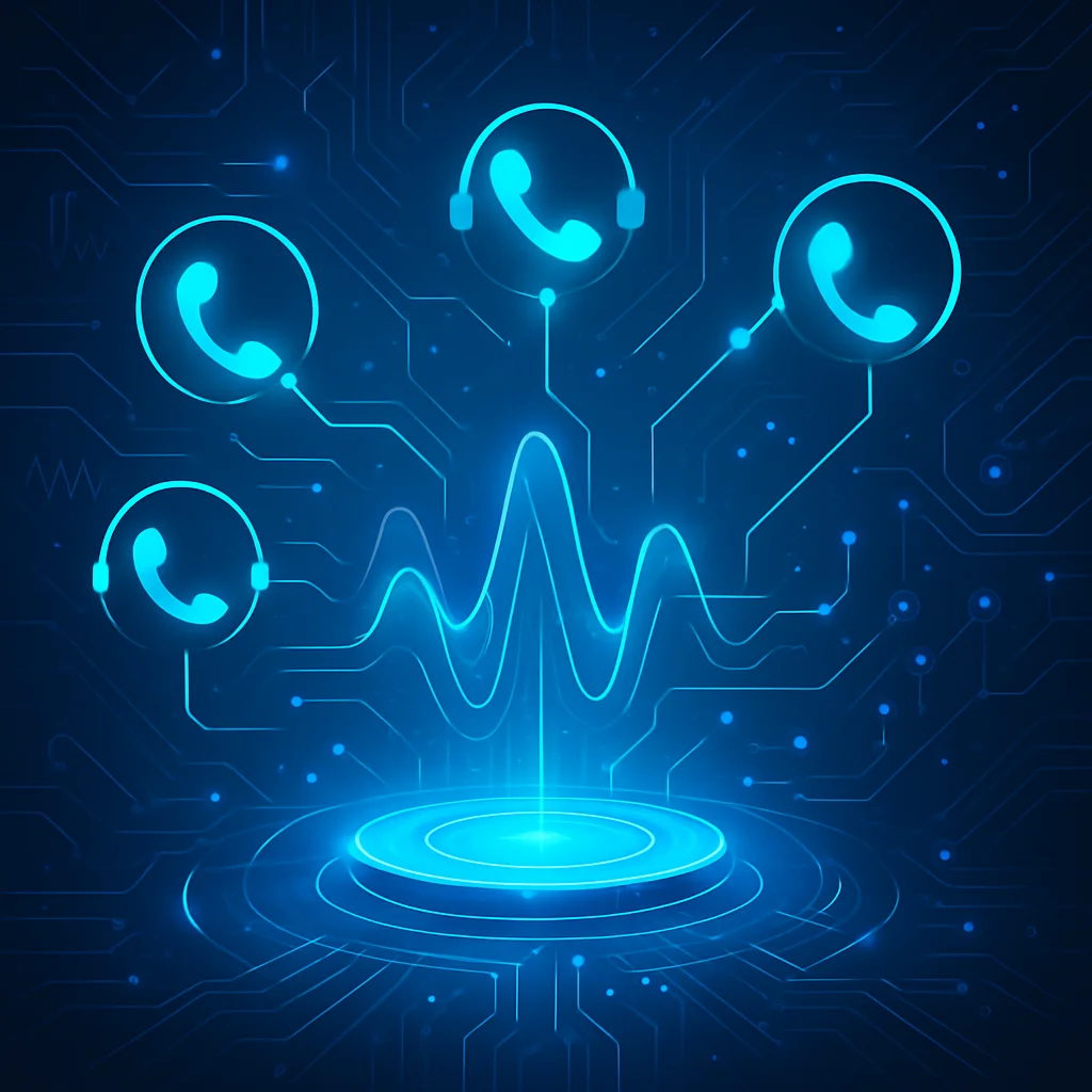 Visual metaphor representing choosing the right dialer technology with communication hub and call signal patterns