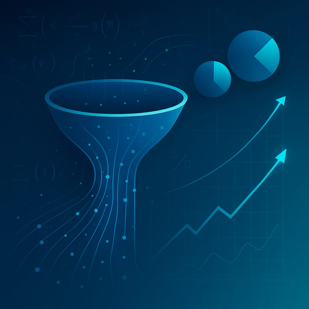 Visual metaphor representing the mathematics of scaling sales outreach with data streams and conversion metrics