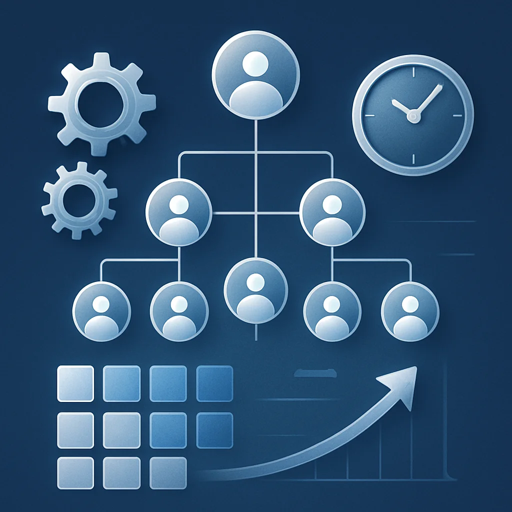 Visual metaphor representing structuring a sales team for maximum output with interconnected workflow nodes
