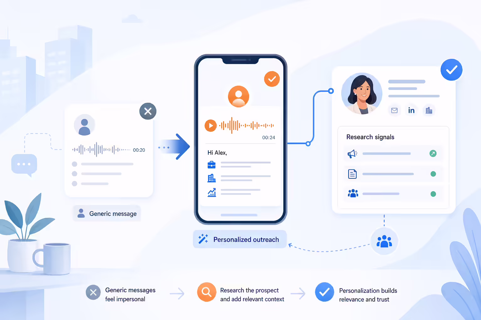 Personalized voicemail message connected to prospect research and CRM context