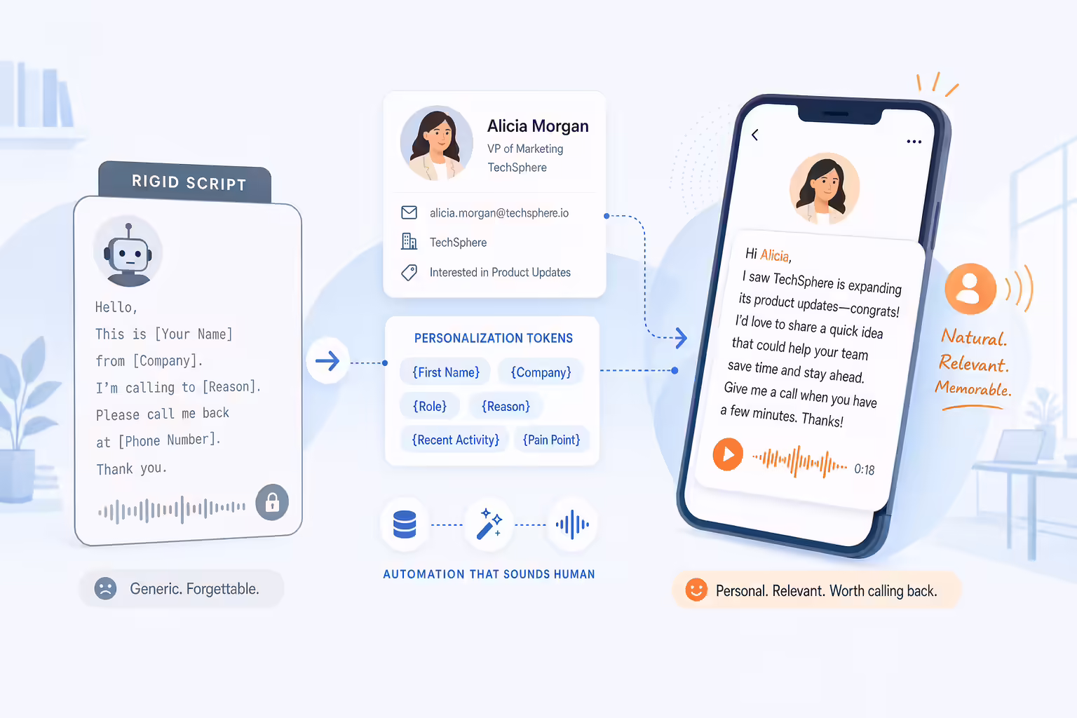 Natural personalized voicemail replacing a robotic sales script