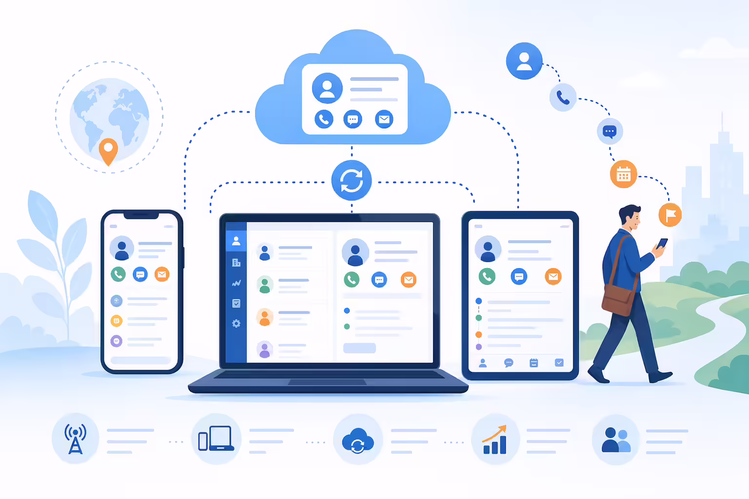 Mobile CRM access syncing customer data across devices