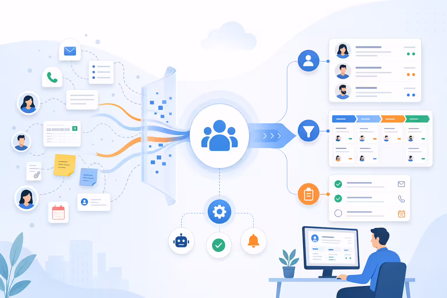 CRM hub organizing scattered customer data into clear sales workflows