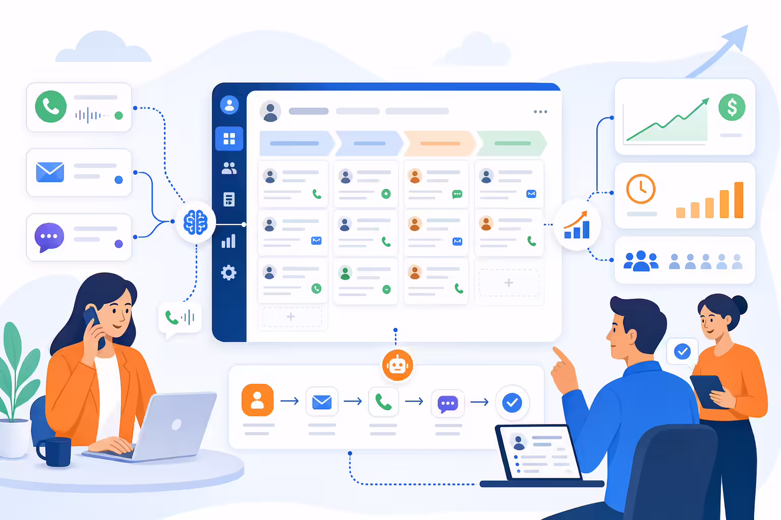 Sales engagement workflow connecting CRM calls and messages