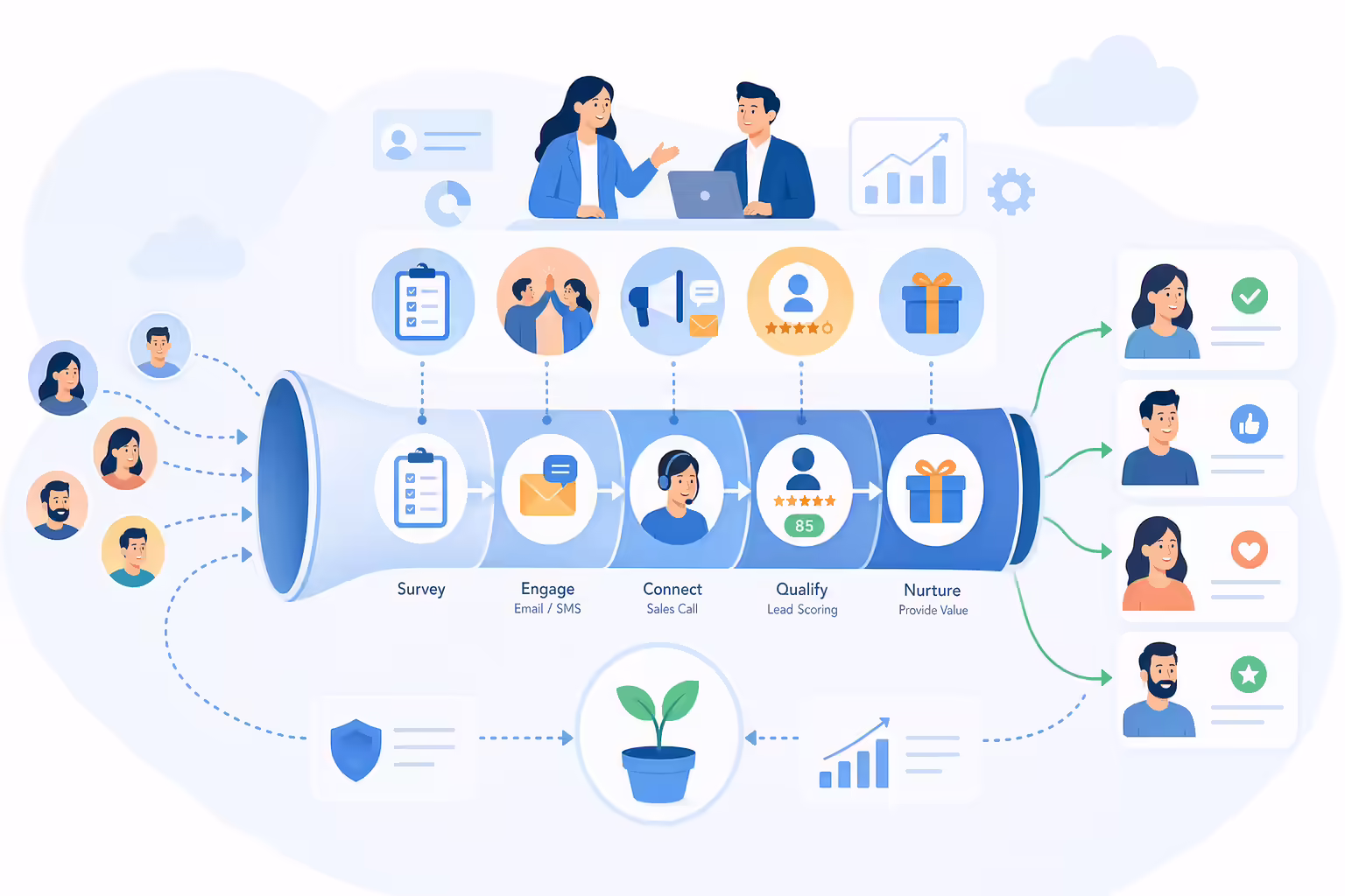 Lead nurturing funnel turning prospects into customers