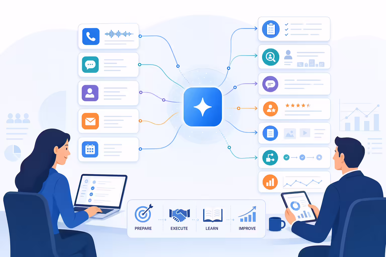 AI sales enablement workflow connecting calls CRM coaching and reporting