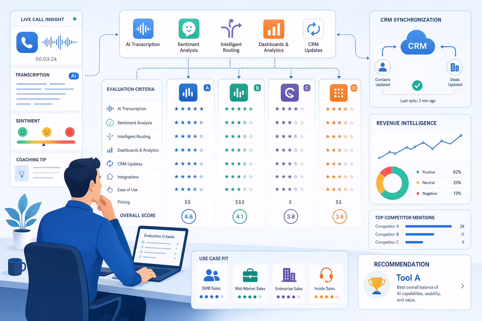 Sales telephony tools evaluated by AI features and CRM workflows
