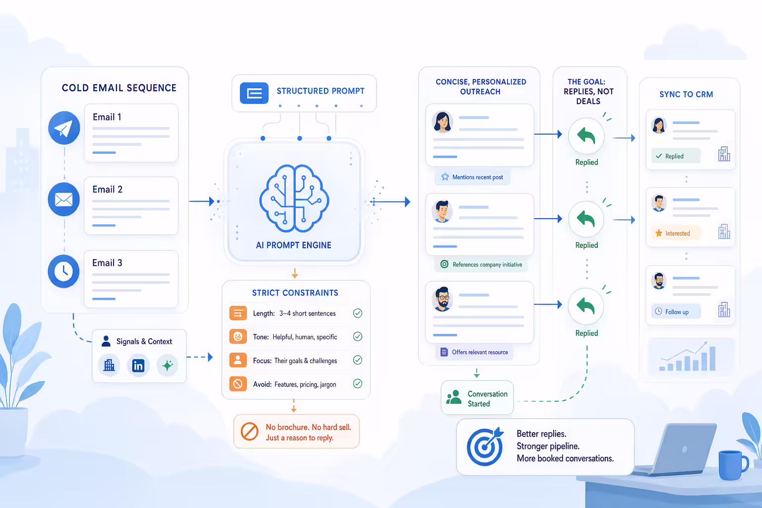 AI-guided cold email prompts creating concise outreach sequences