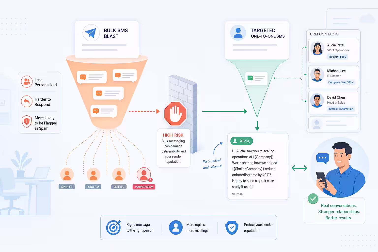 Illustration contrasting bulk SMS blasts with targeted one-to-one outreach