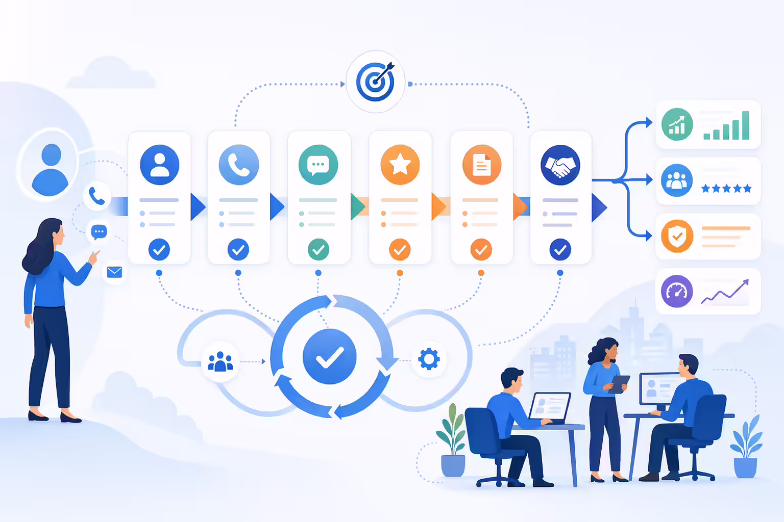 Sales process workflow with connected CRM tasks and goals