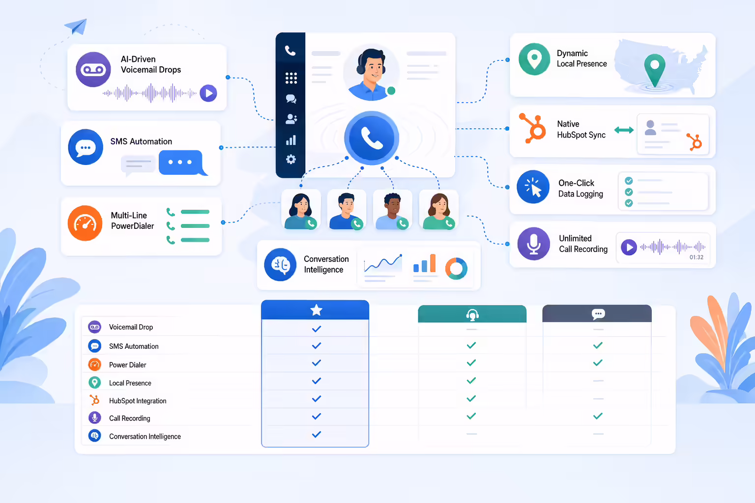 Outbound sales features combining power dialing SMS voicemail and CRM sync