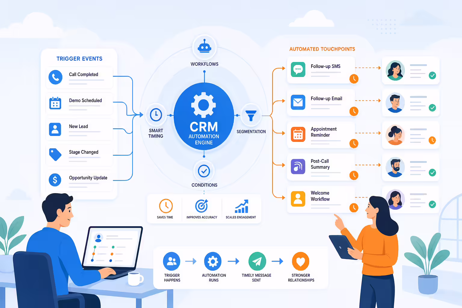 CRM automation engine connecting customer follow-ups and reminders