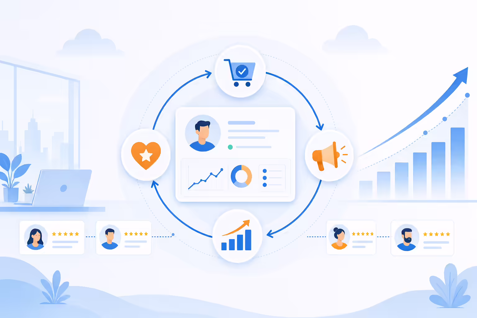 Customer retention loop showing loyalty, referrals, and growth