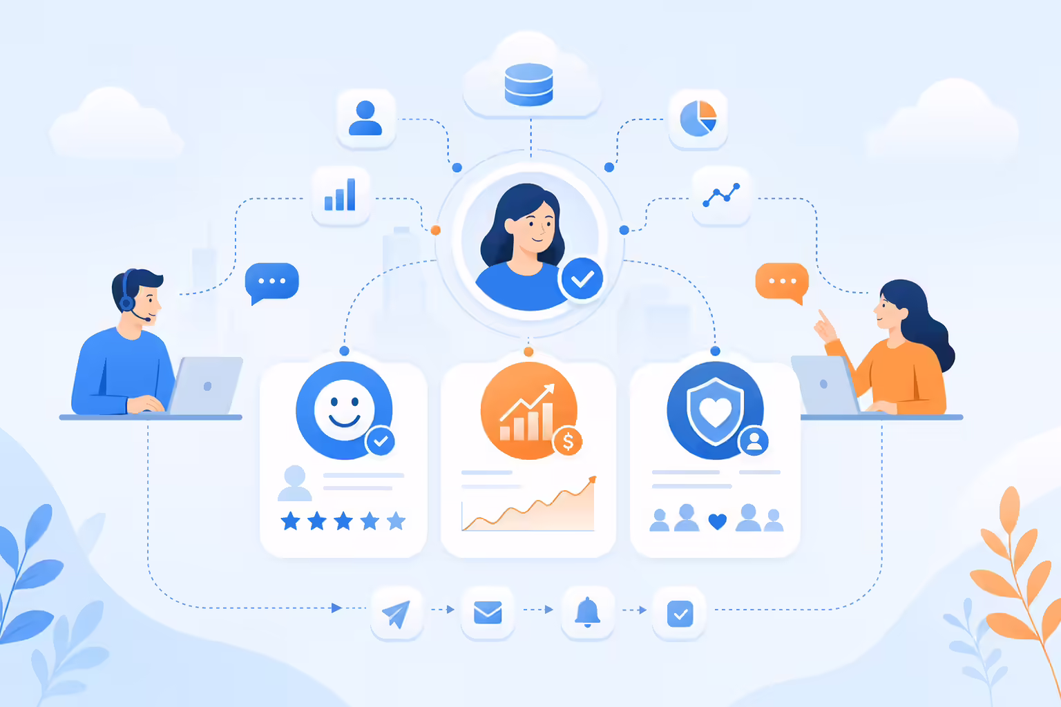 Customer retention benefits hub showing satisfaction, lifetime value, and loyalty