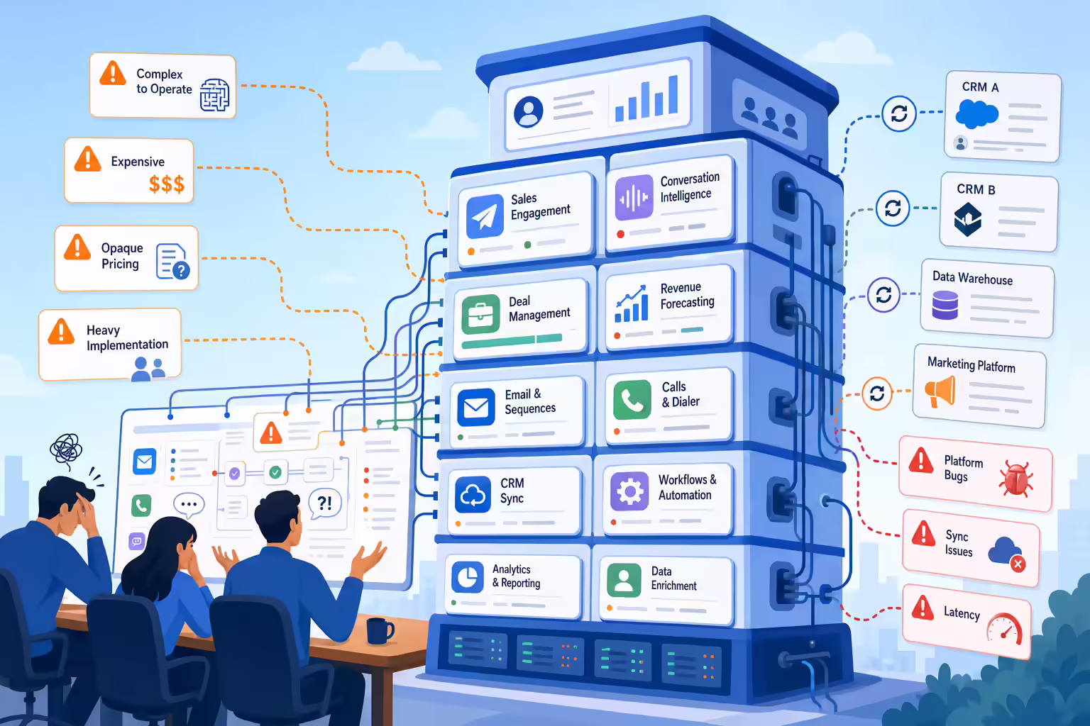 Large sales engagement platform modules with CRM sync and workflow complexity