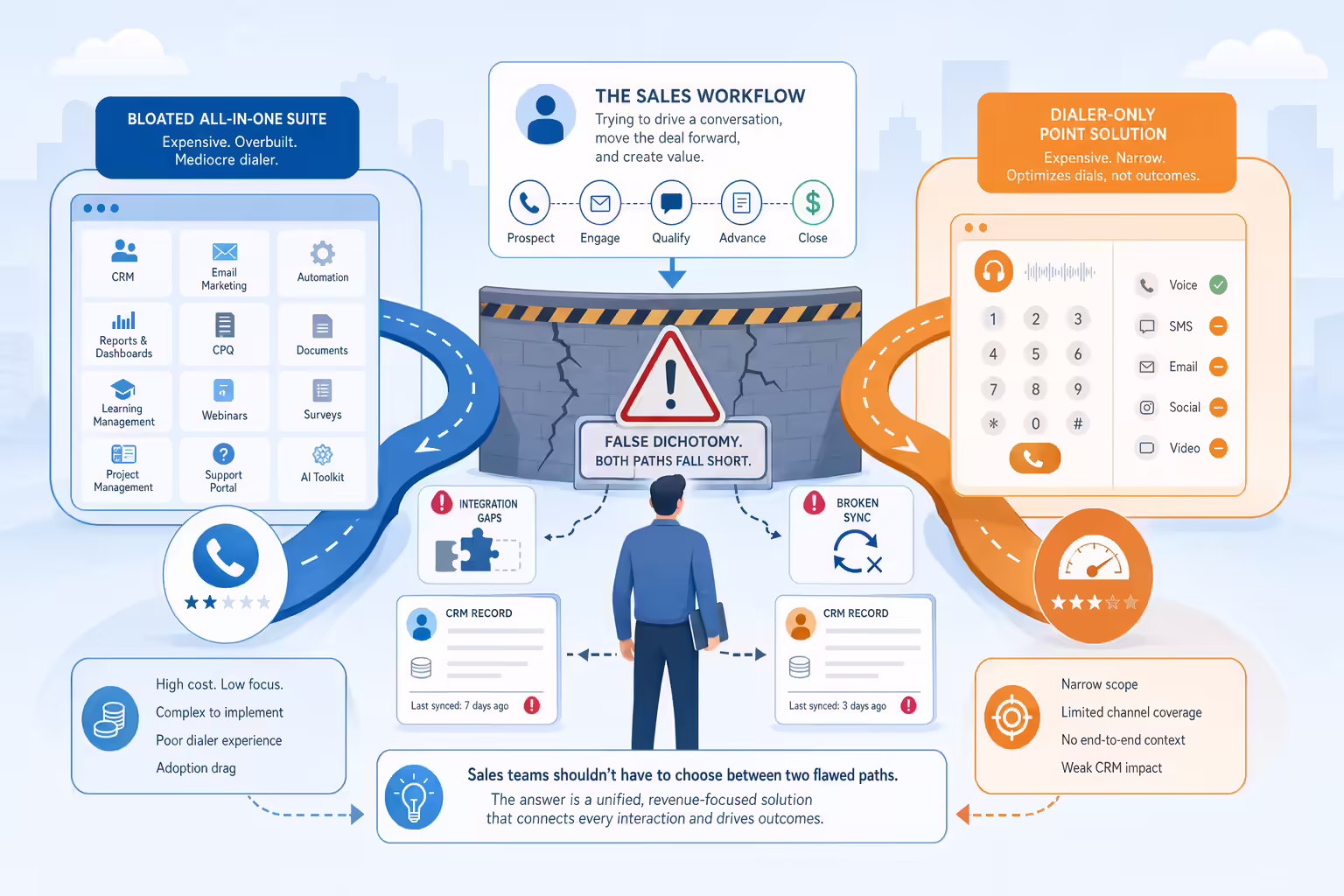 Two flawed sales technology paths blocked by broken CRM sync and workflow gaps