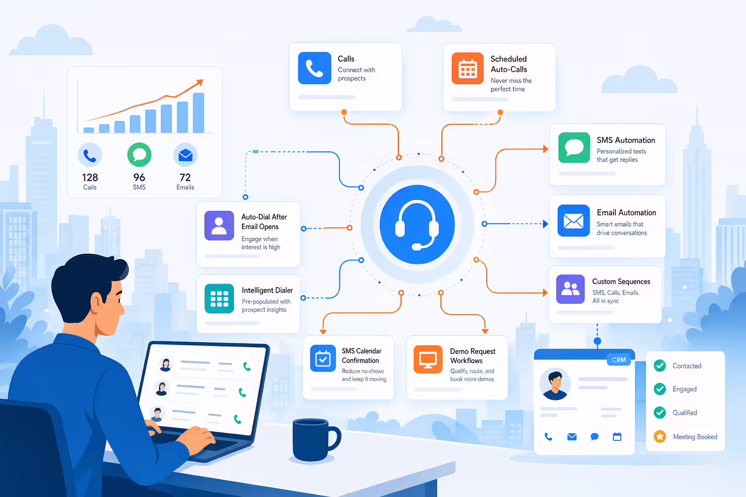 Sales automation hub connecting calls SMS email and CRM workflows