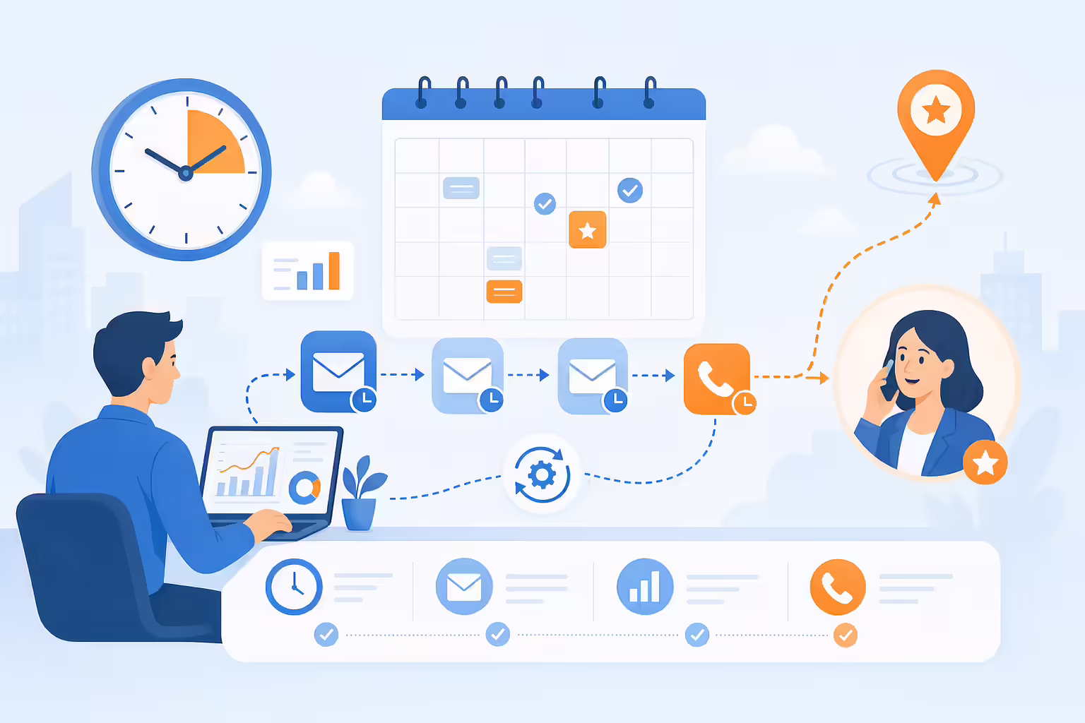 Timed sales follow-up sequence coordinating email and phone outreach