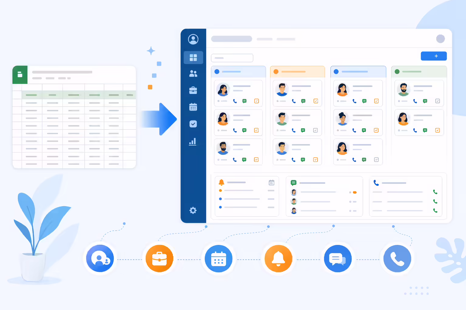 Spreadsheet CRM workflow with contacts and follow-ups