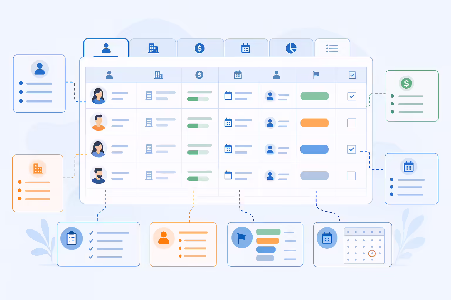 Organized CRM tabs and fields in a spreadsheet