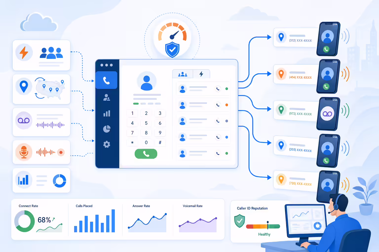 Sustainable high-volume calling tools with dialing, local presence, voicemail, and analytics