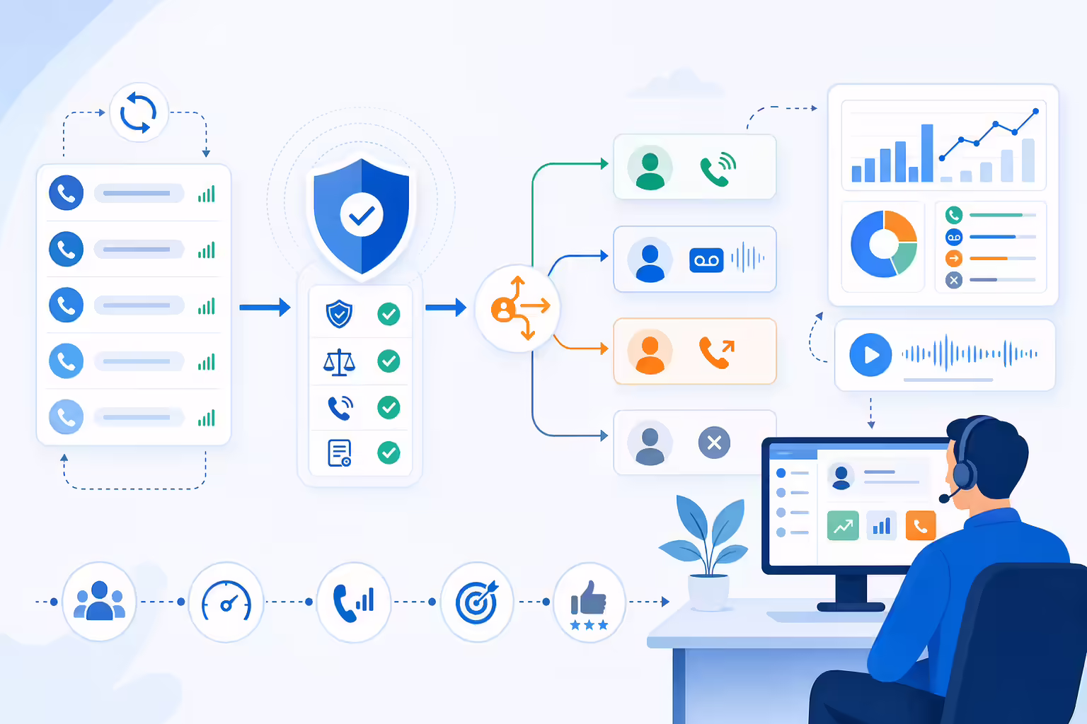 High-volume calling workflow with compliance checks and clean caller IDs