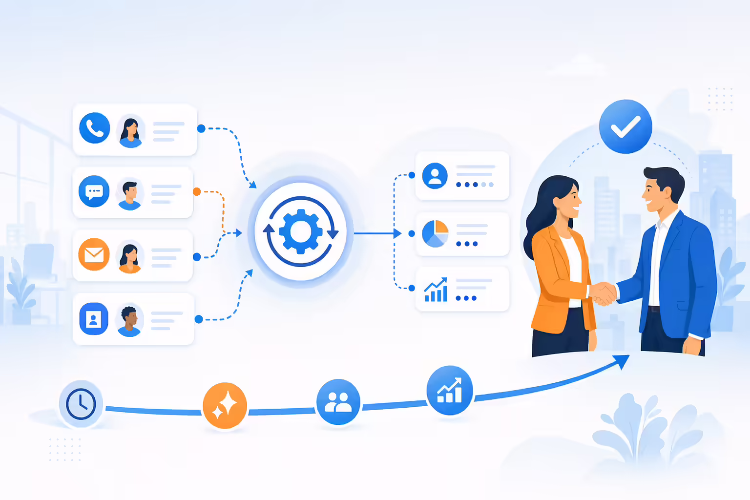 Sales automation workflow connecting follow-up channels to customer relationships