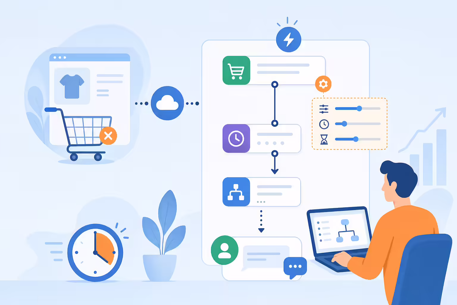 Abandoned cart automation trigger flowing into a timed follow-up workflow