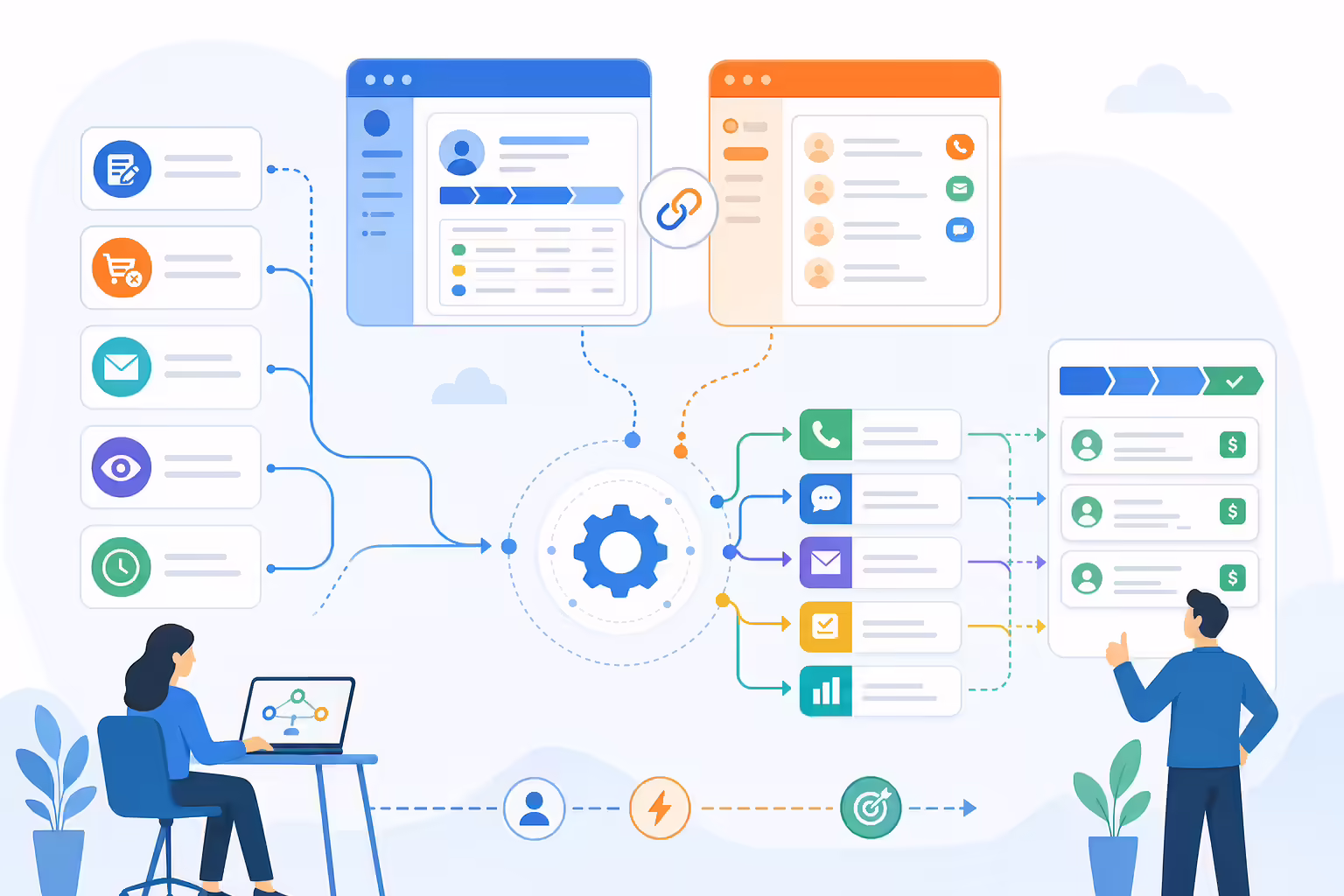 Illustration of connected CRM and sales engagement workflows powering event-based automations.