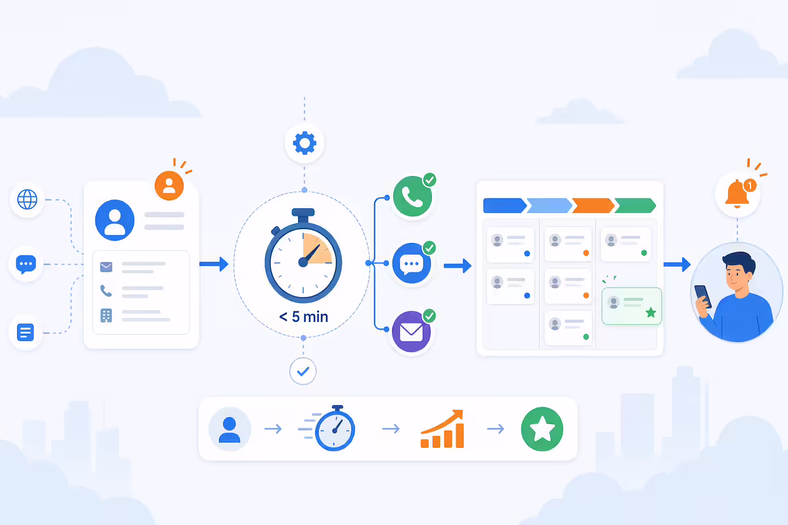 Illustration of speed-to-lead automation routing new Pipedrive leads to calls, texts, and emails.