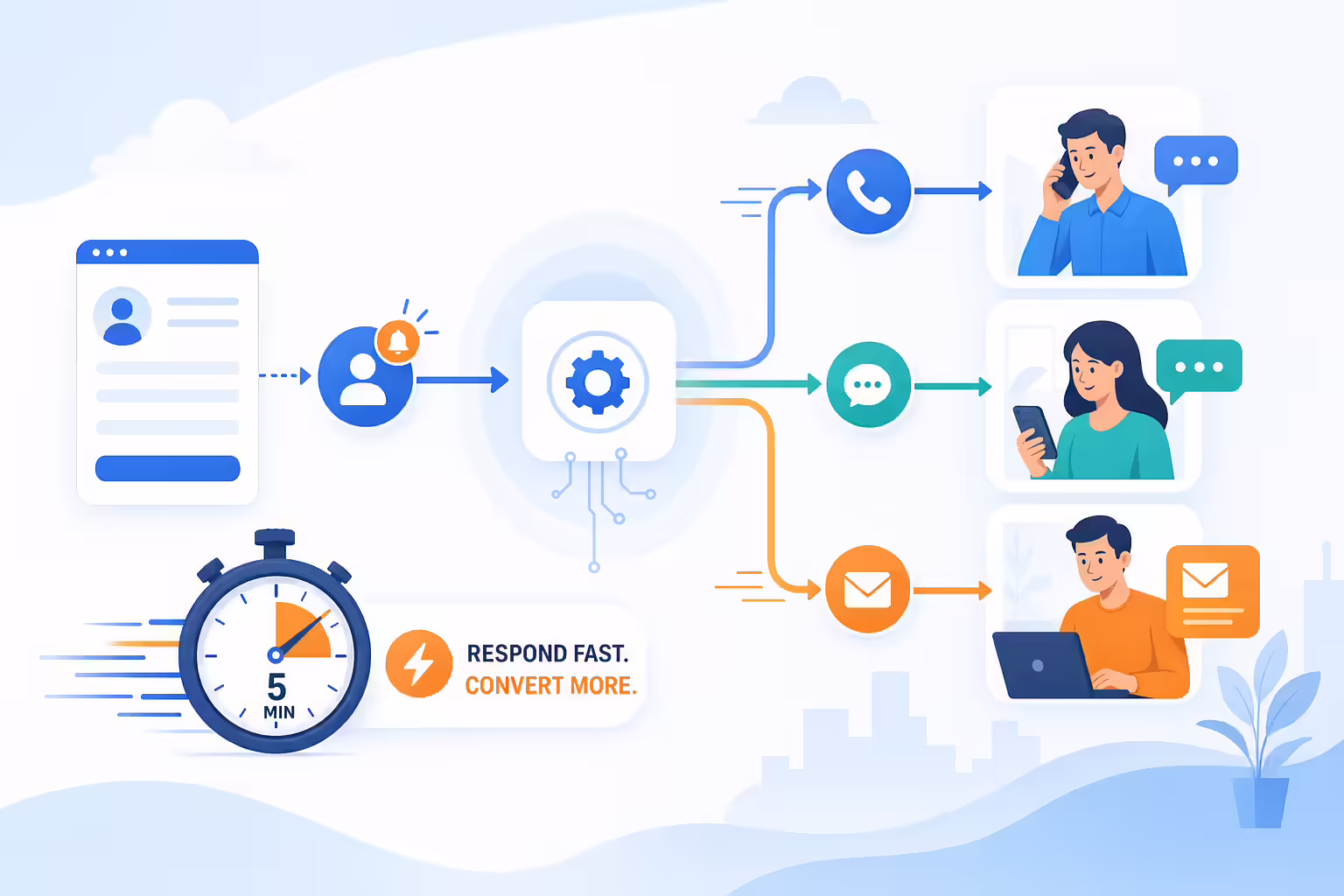 Speed to lead automation routing new leads to calls, SMS, and email