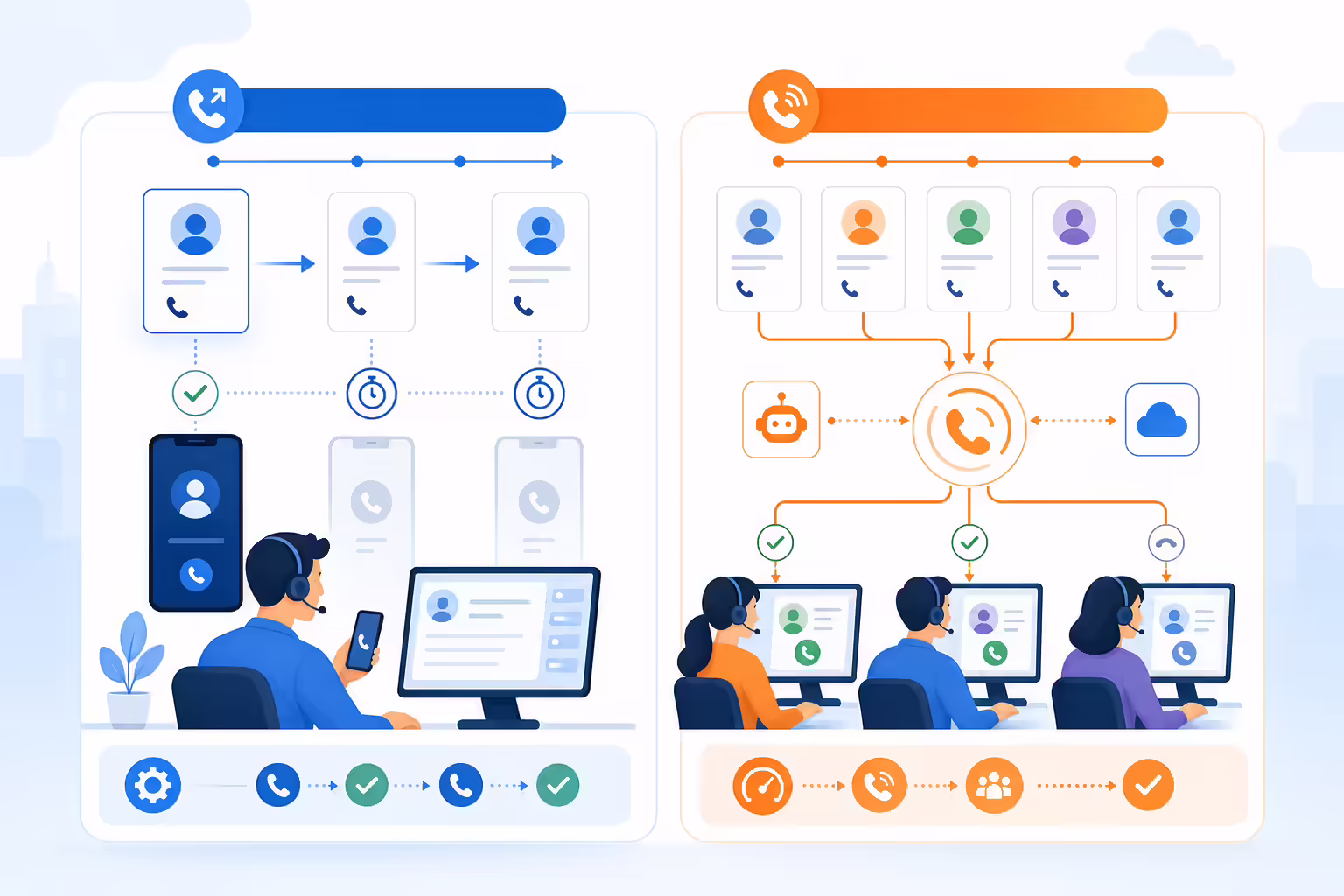 Illustration comparing progressive and predictive sales dialer workflows