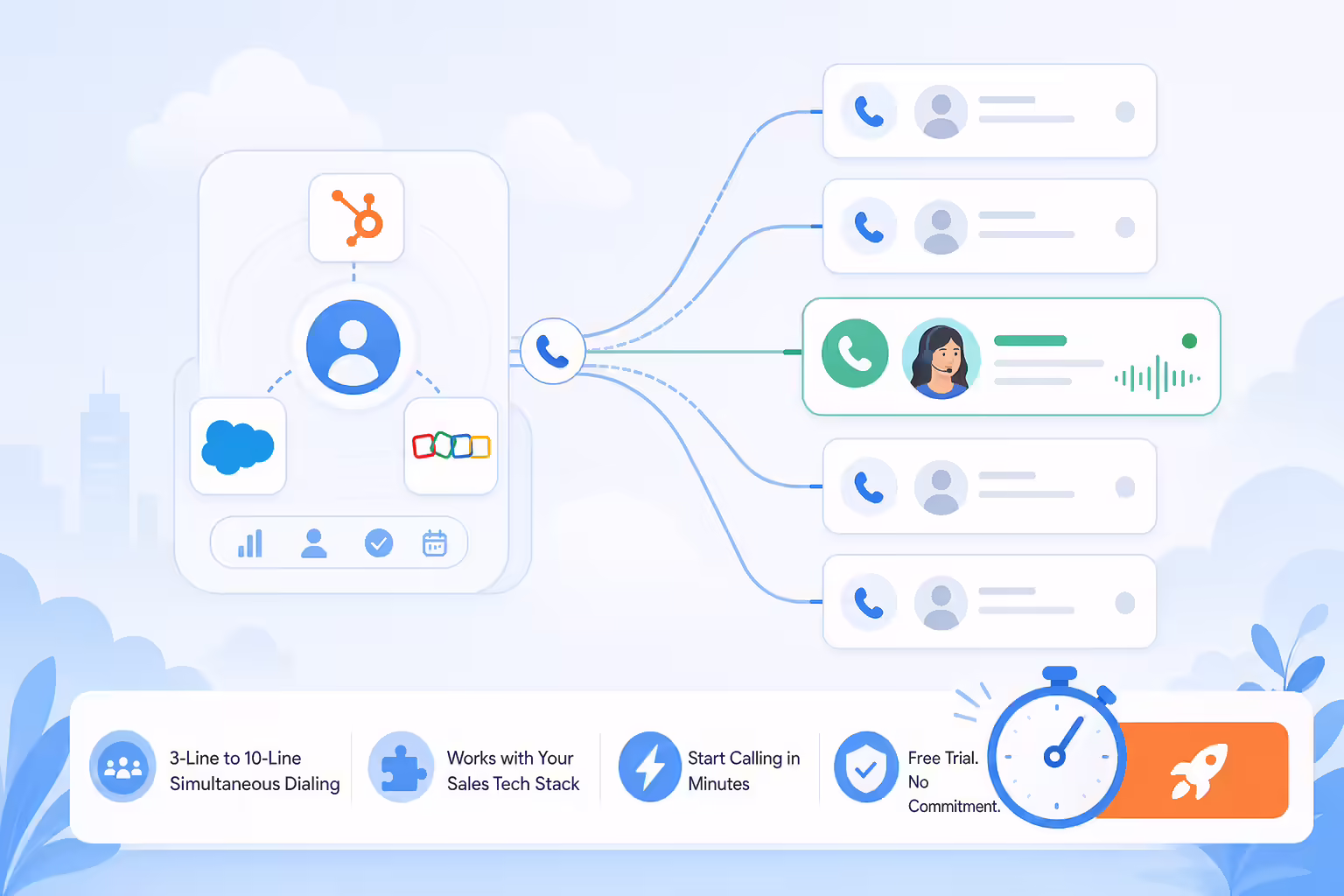 Multi-line auto dialer connected to CRM workflows