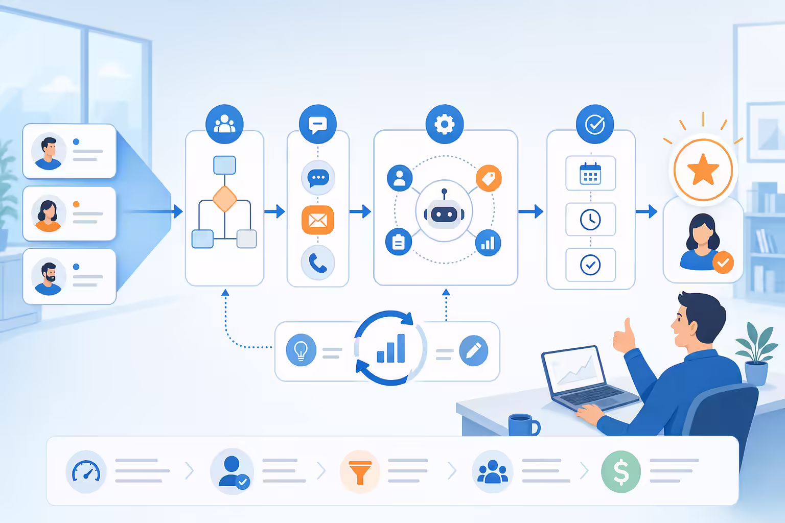 Automated lead follow-up workflow connecting sales touchpoints to conversions