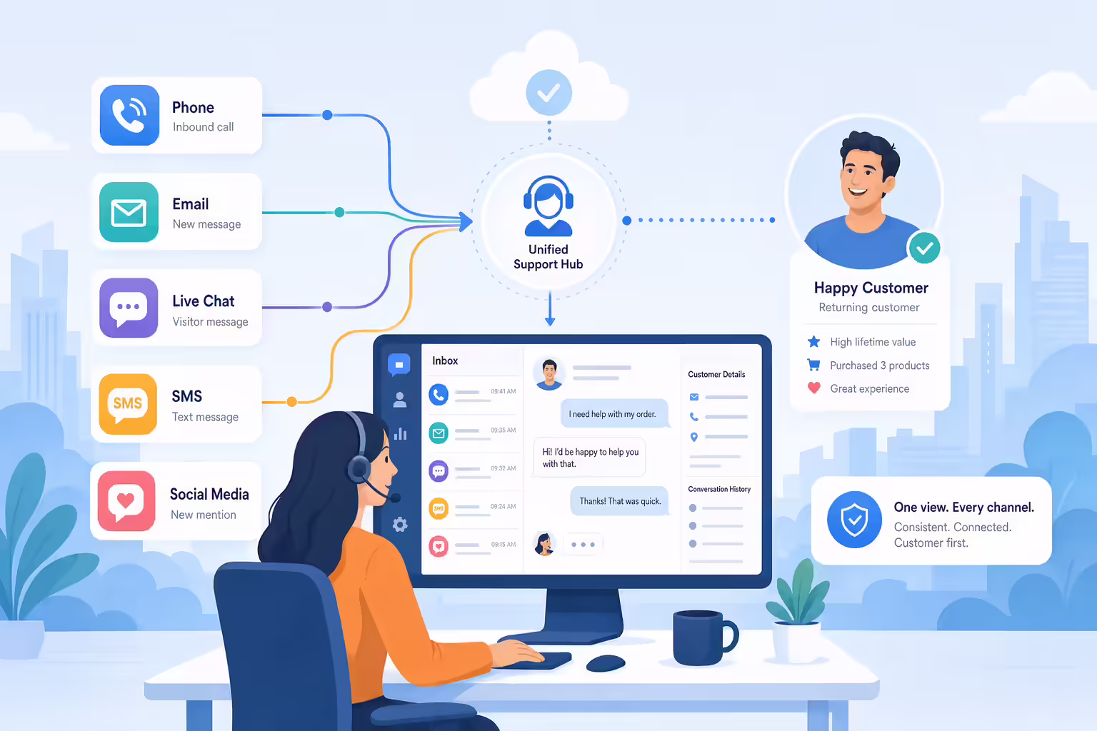 Omnichannel customer support hub connecting phone email chat and messages