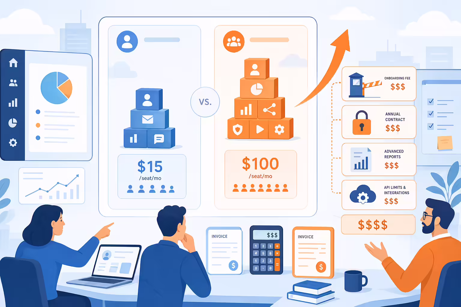 Cost comparison showing HubSpot upgrade fees and contract lock-in