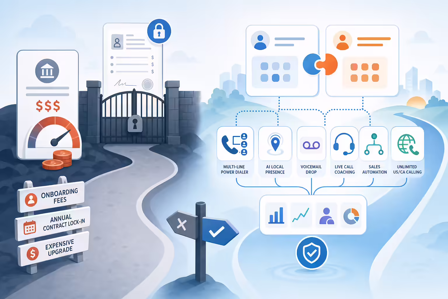 Comparison of a costly CRM upgrade and a flexible sales engagement stack