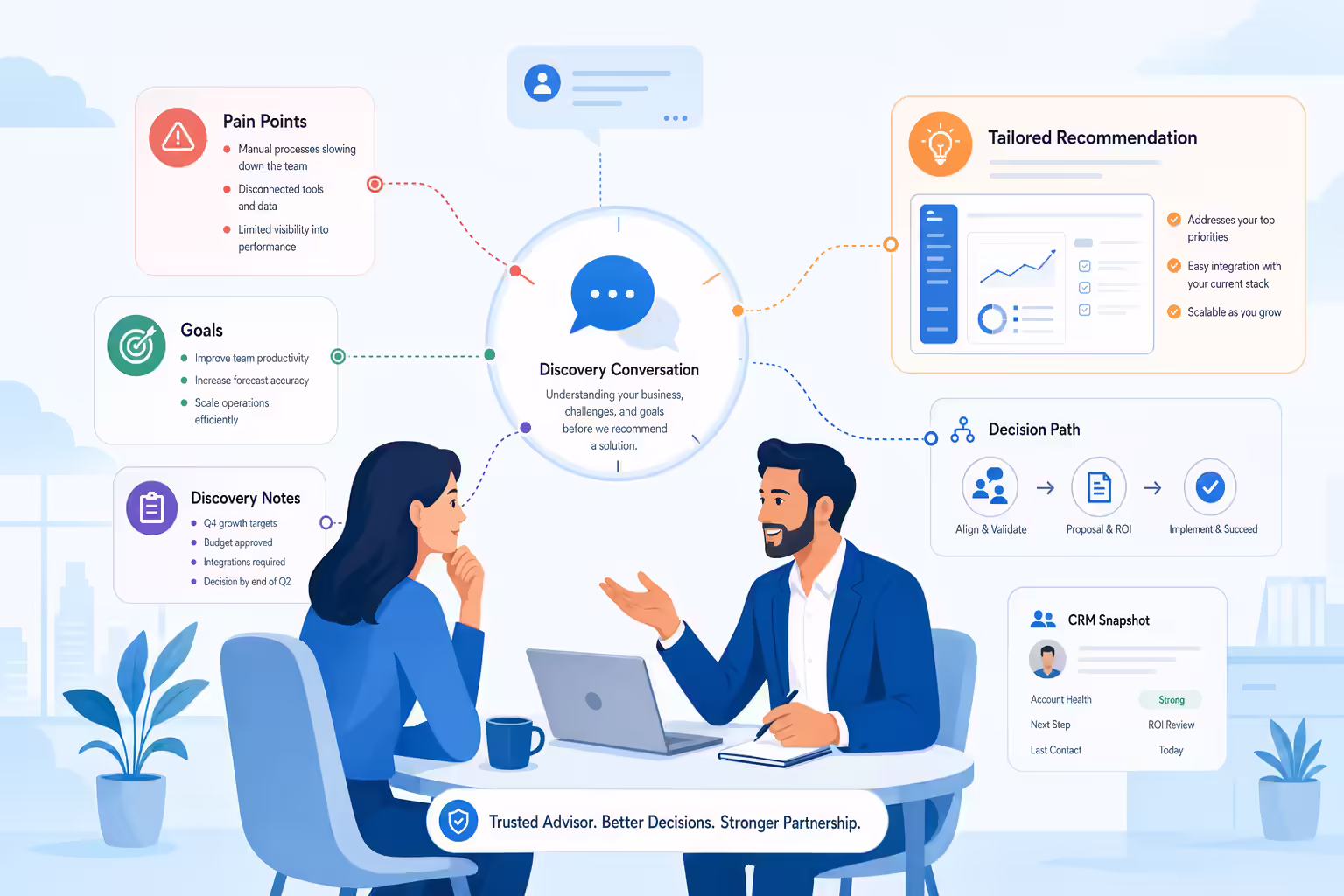 Consultative selling advisor mapping buyer needs to tailored recommendations