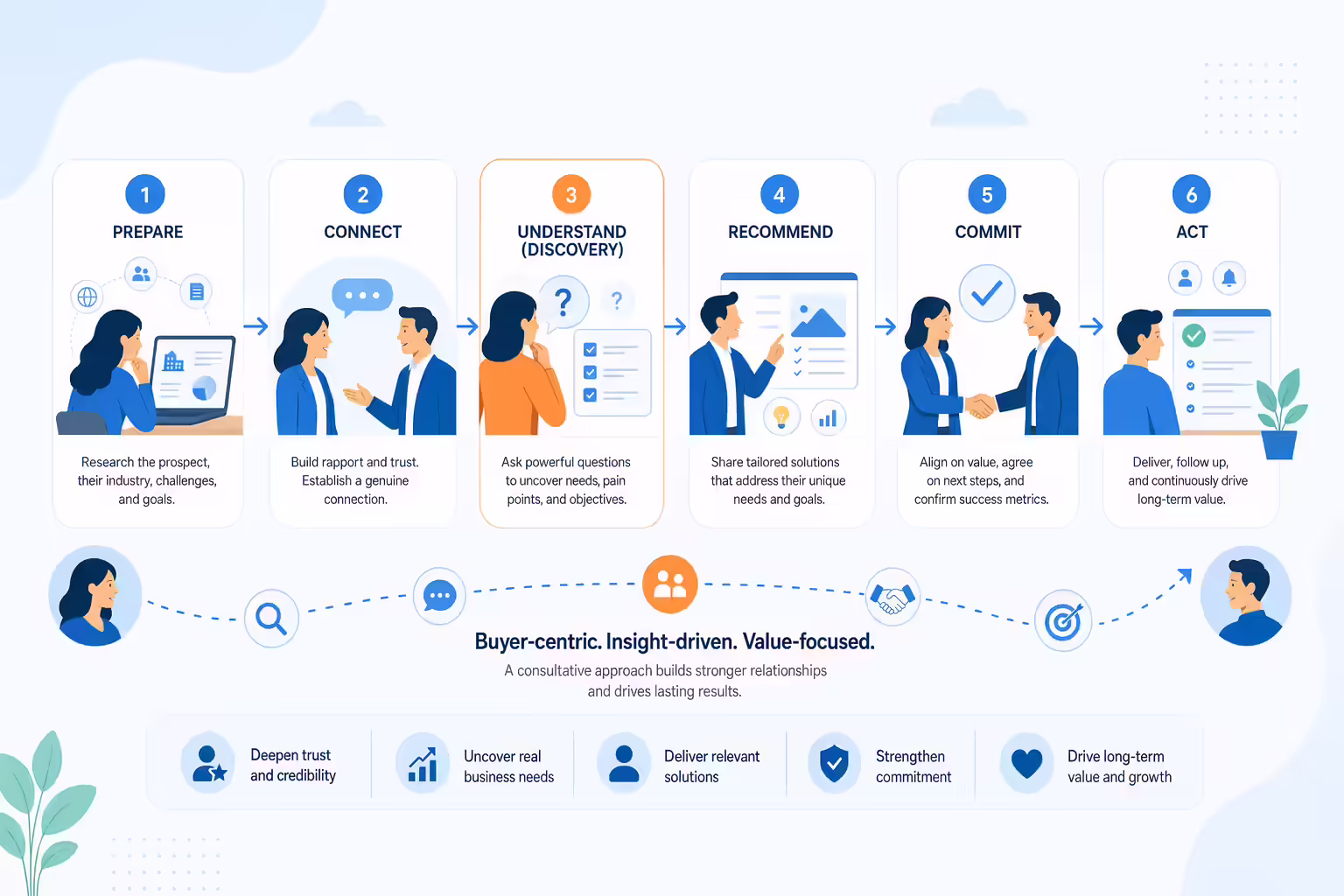 Consultative selling framework from preparation through follow-through