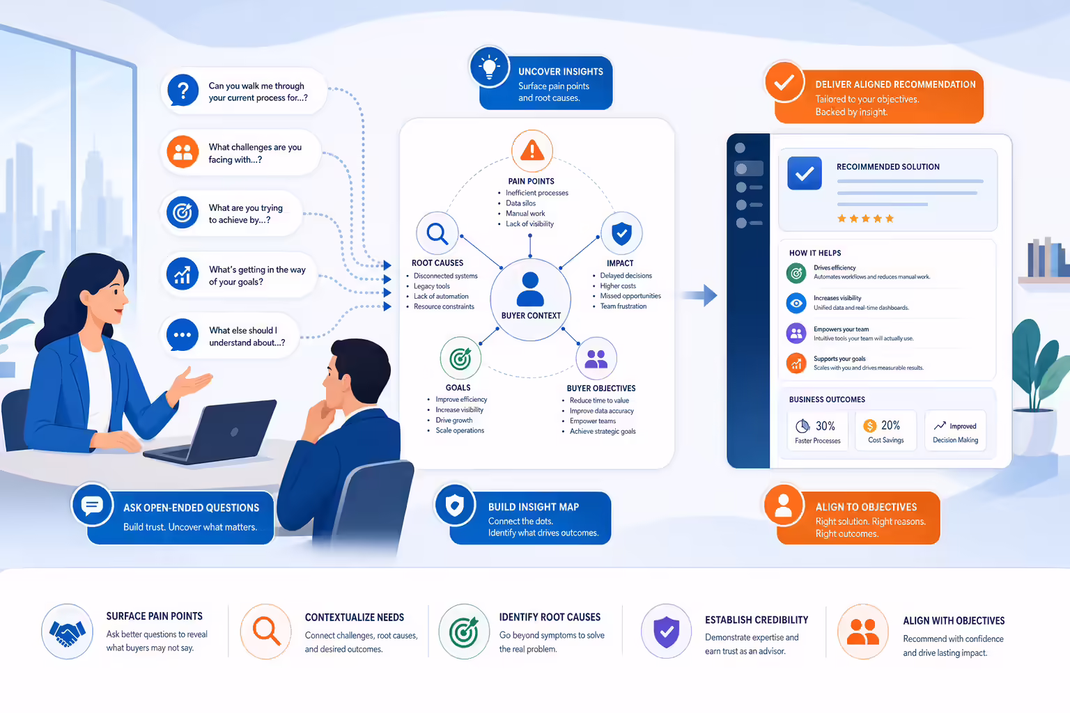 Discovery questions surfacing buyer pain points and aligned recommendations