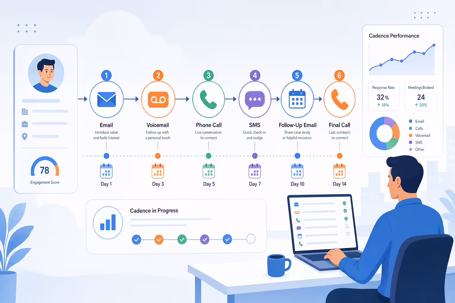 Sales cadence workflow across calls emails voicemail and SMS
