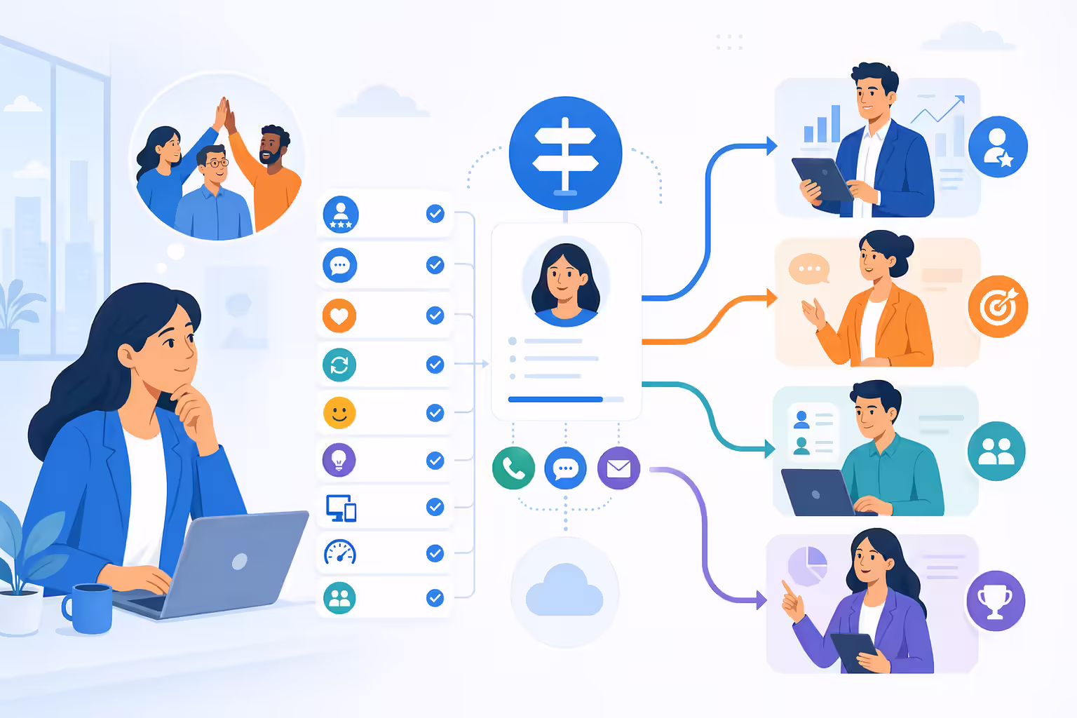 Sales role decision workflow with communication and teamwork signals