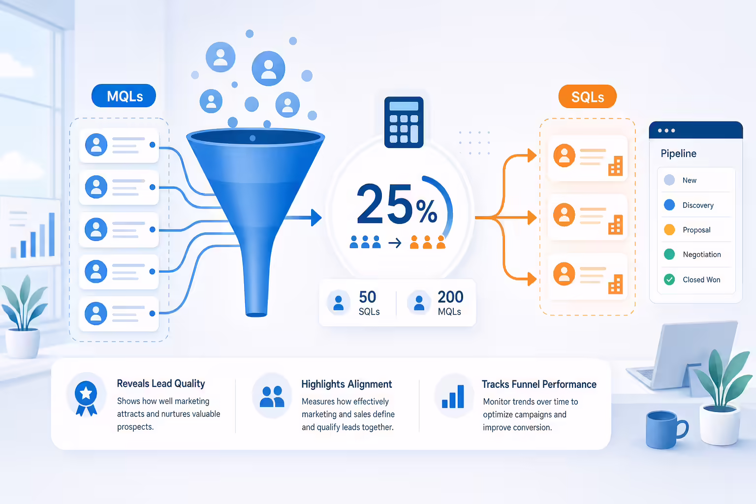 Lead funnel calculation showing MQLs converting into SQLs
